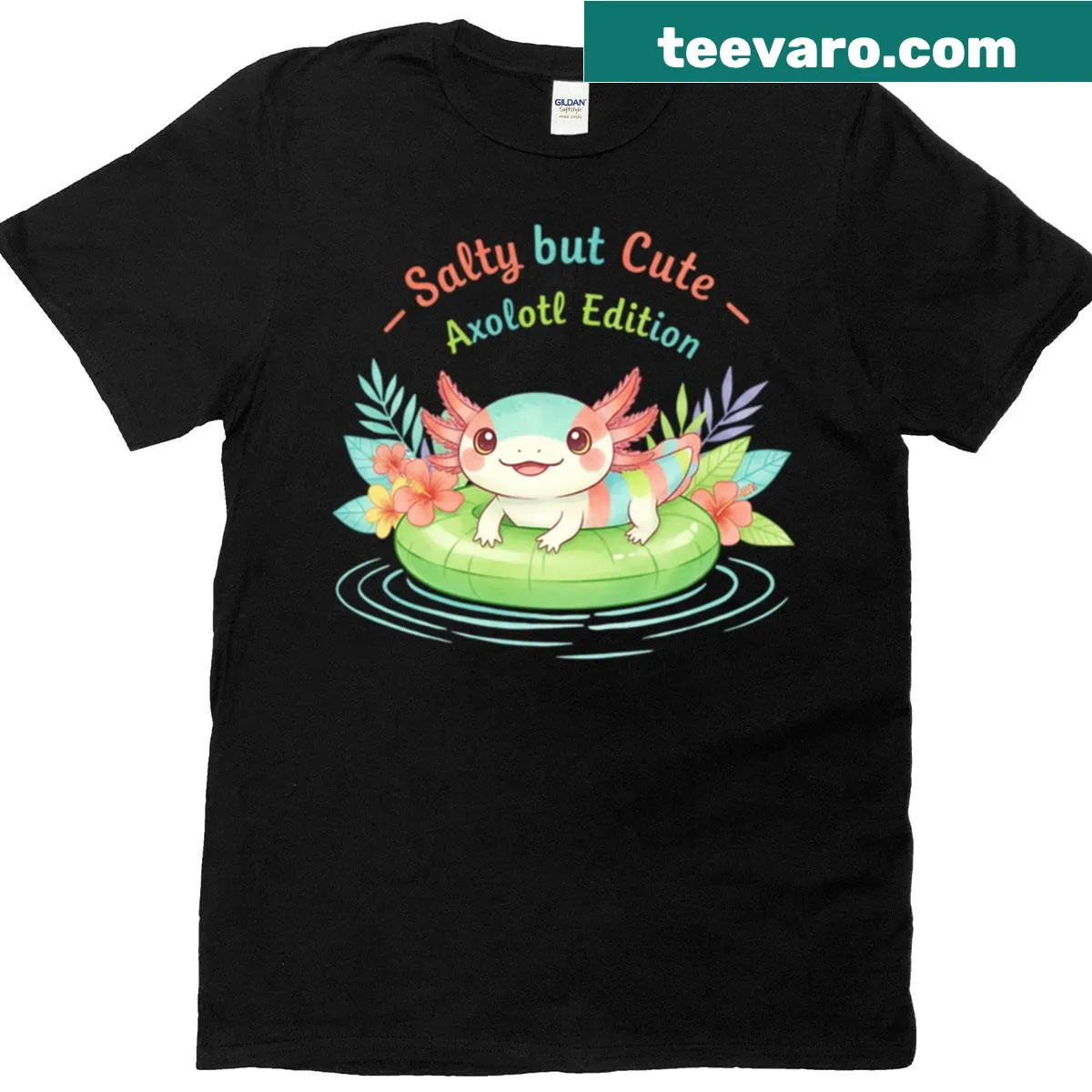 Cute axolotl graphic t-shirt with a tropical theme — on a men's t-shirt