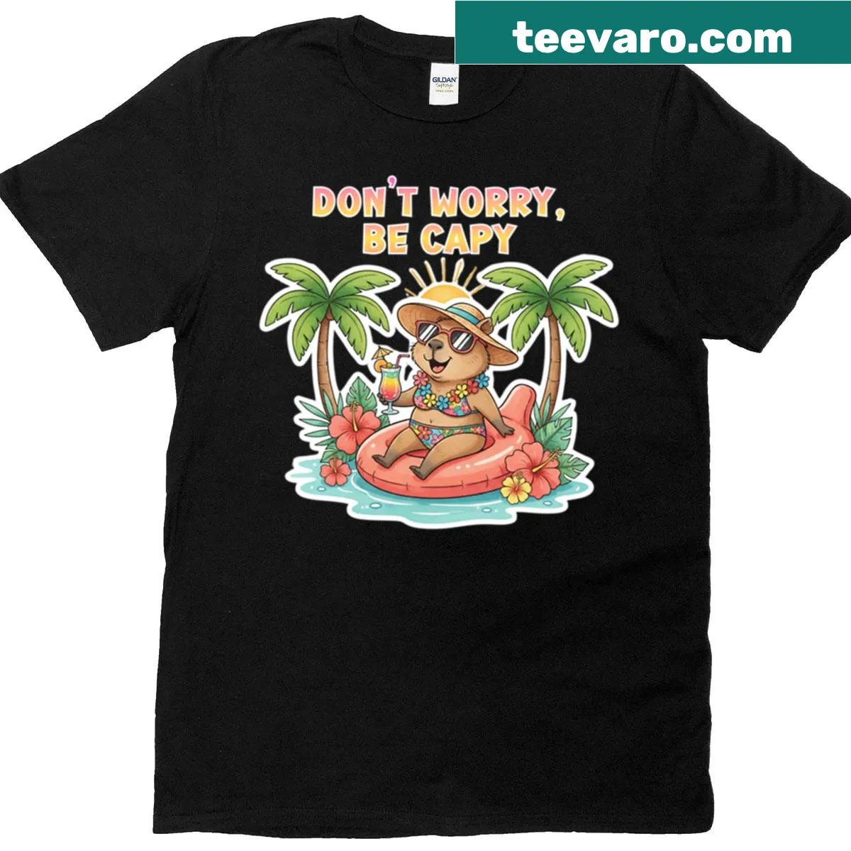 Capybara-themed tee with a cheerful tropical vibe illustration — on a men's t-shirt