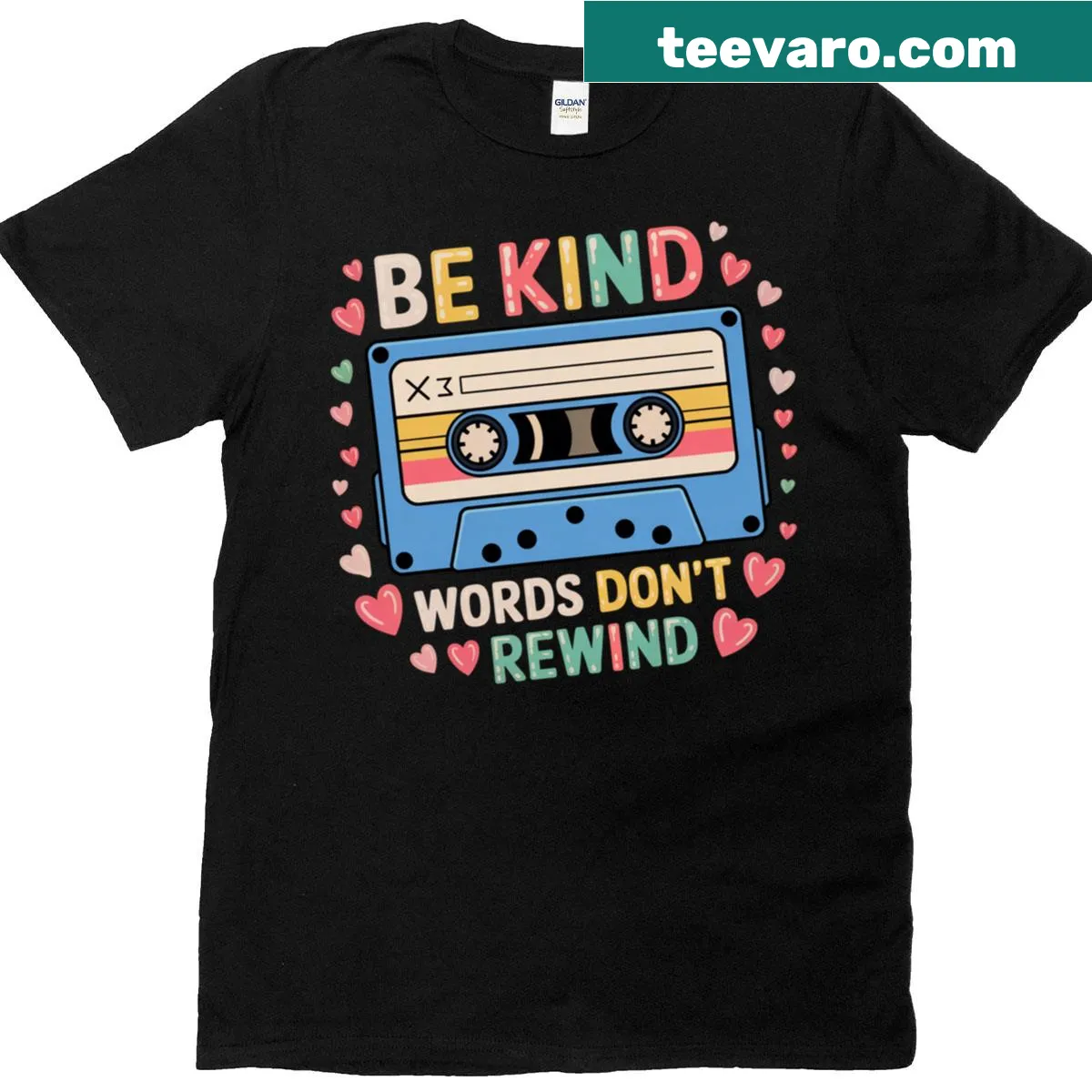 Vintage music-themed T-shirt with the phrase 'Be Kind, Words Don't Rewind.' — on a men's t-shirt