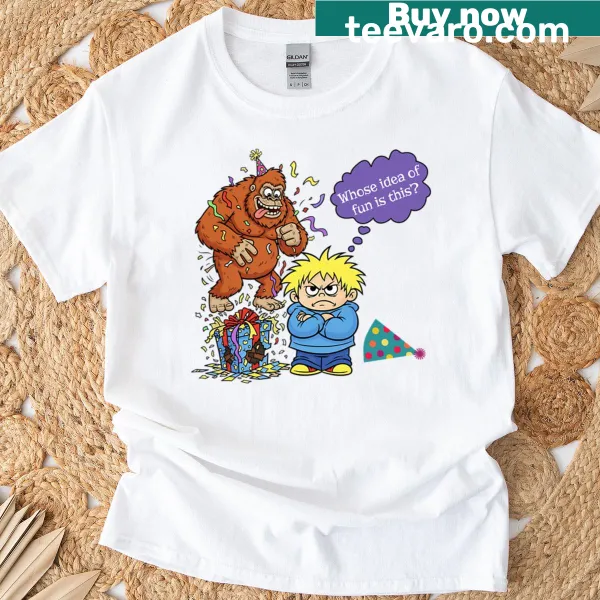 Humorous illustration of Bigfoot in a birthday disaster scene