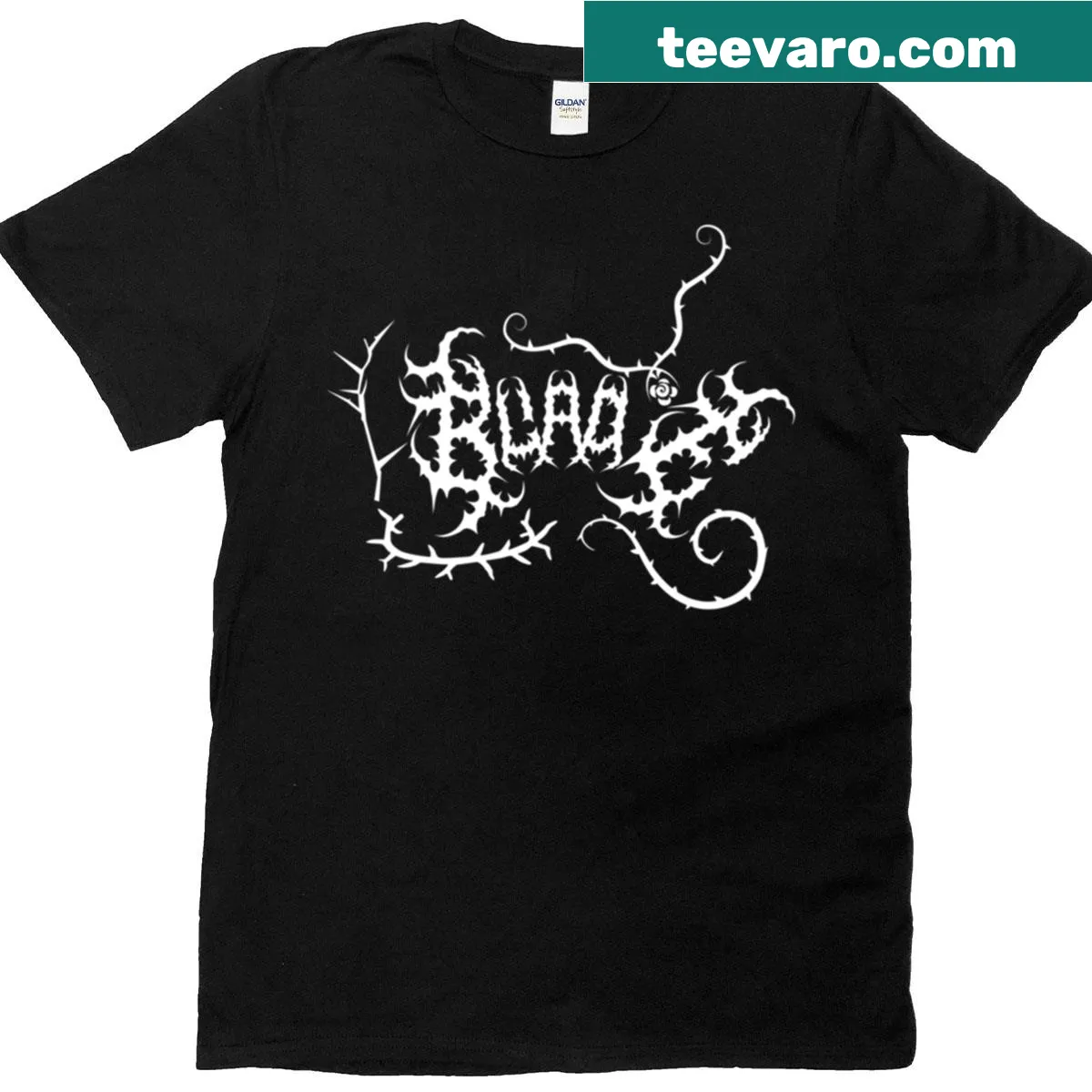 Bold T-shirt featuring thorned letters in a dark metal design. — on a men's t-shirt