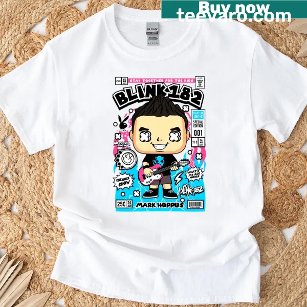 Chibi design featuring Blink 182 members on t-shirt