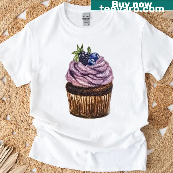 T-shirt featuring a whimsical illustration of a blueberry cupcake