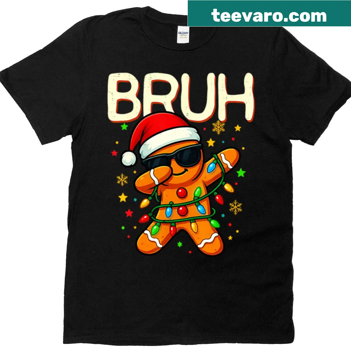Funny gingerbread man T-shirt with 'Bruh' expression for Christmas — on a men's t-shirt