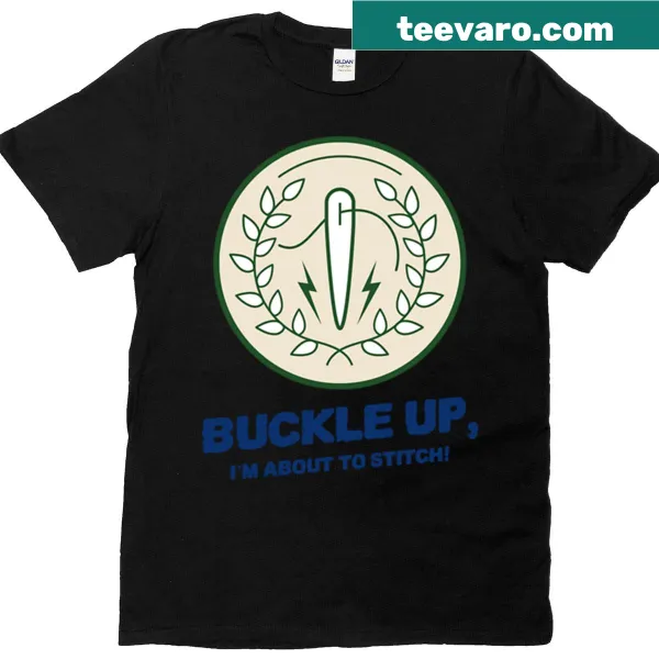 Humorous leather sewing t-shirt with playful text design