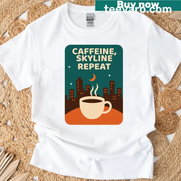 T-shirt with skyline graphic made from coffee elements