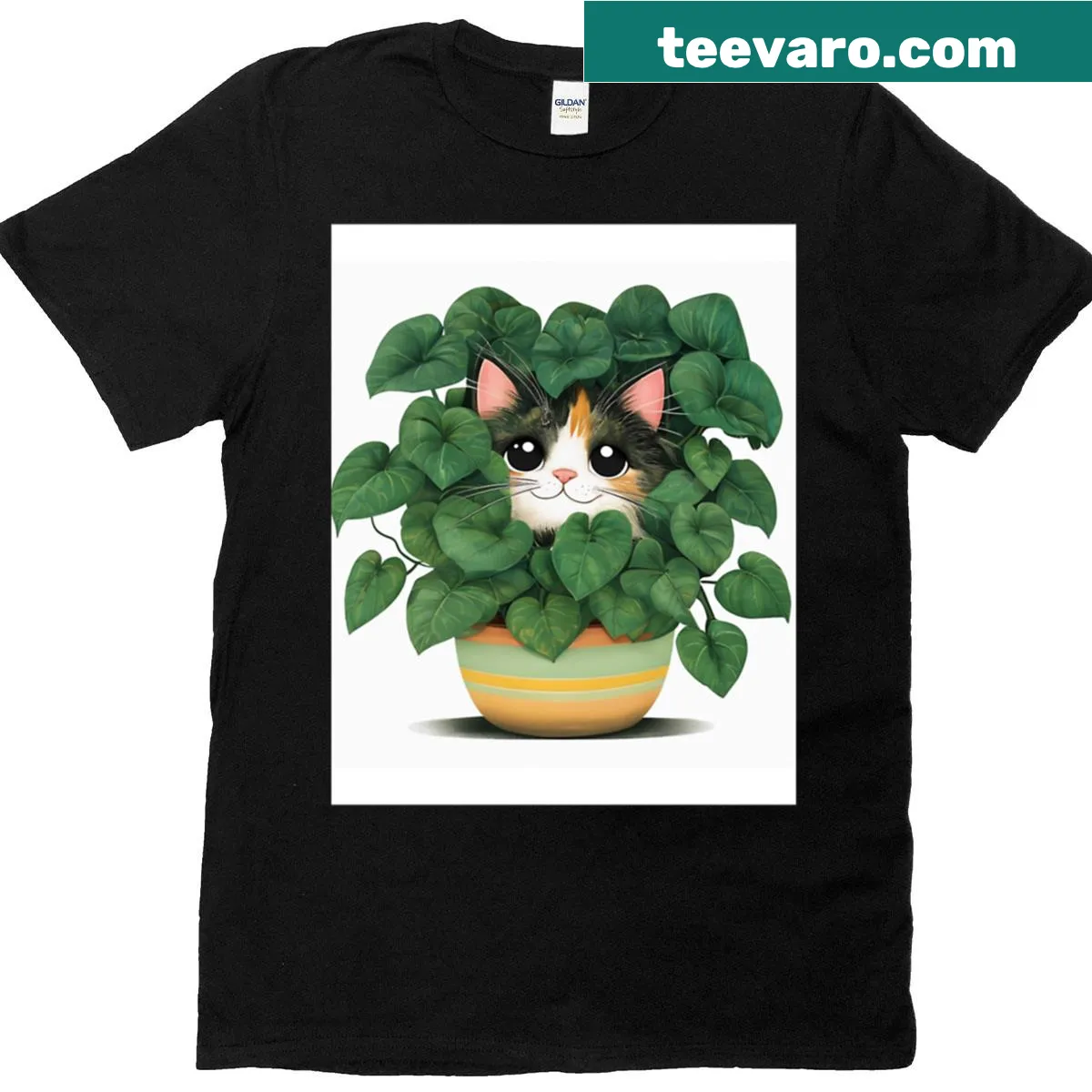 Illustration of a calico cat hiding in greenery — on a men's t-shirt