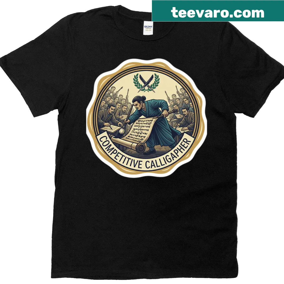 Vintage style t-shirt with 'Calligraphy Battle Master Seal' text — on a men's t-shirt