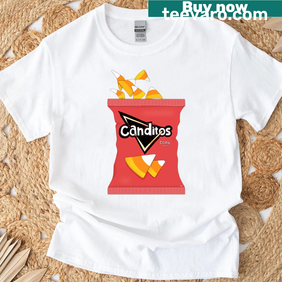 Playful illustration of candy corn chips on oversized T-shirt — on a men's t-shirt