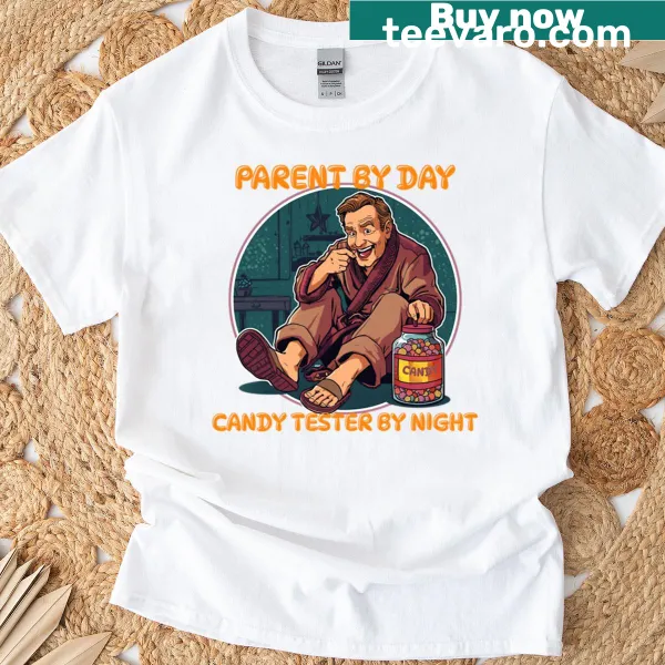 Funny oversized T-shirt with 'Candy Tester By Night' text design