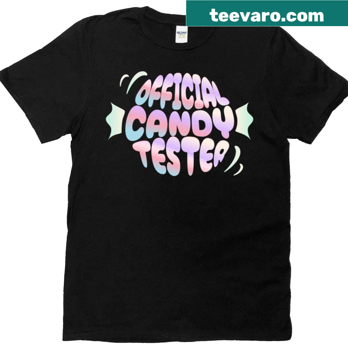 Cute typography t-shirt saying 'Candy Tester' with candy-themed design. — on a men's t-shirt