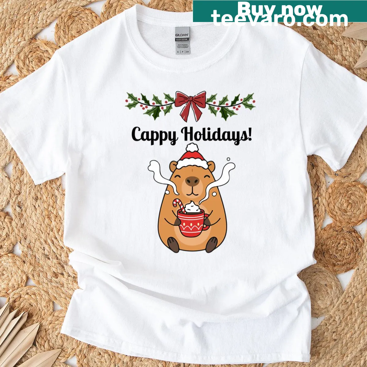 Cute holiday capybara in Santa hat with snowflakes illustration — on a men's t-shirt