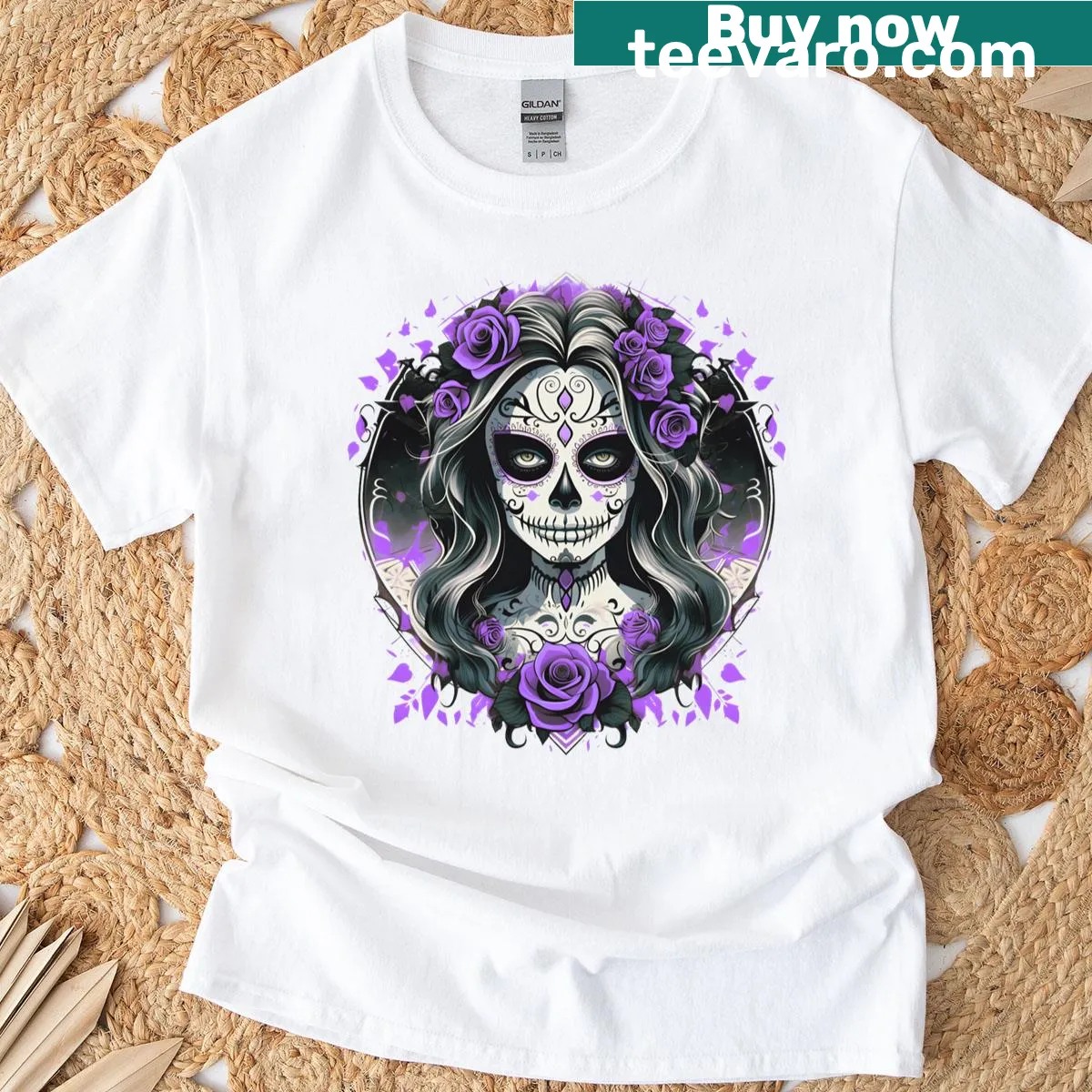 Floral sugar skull with purple roses illustration for Día de los Muertos — on a men's t-shirt