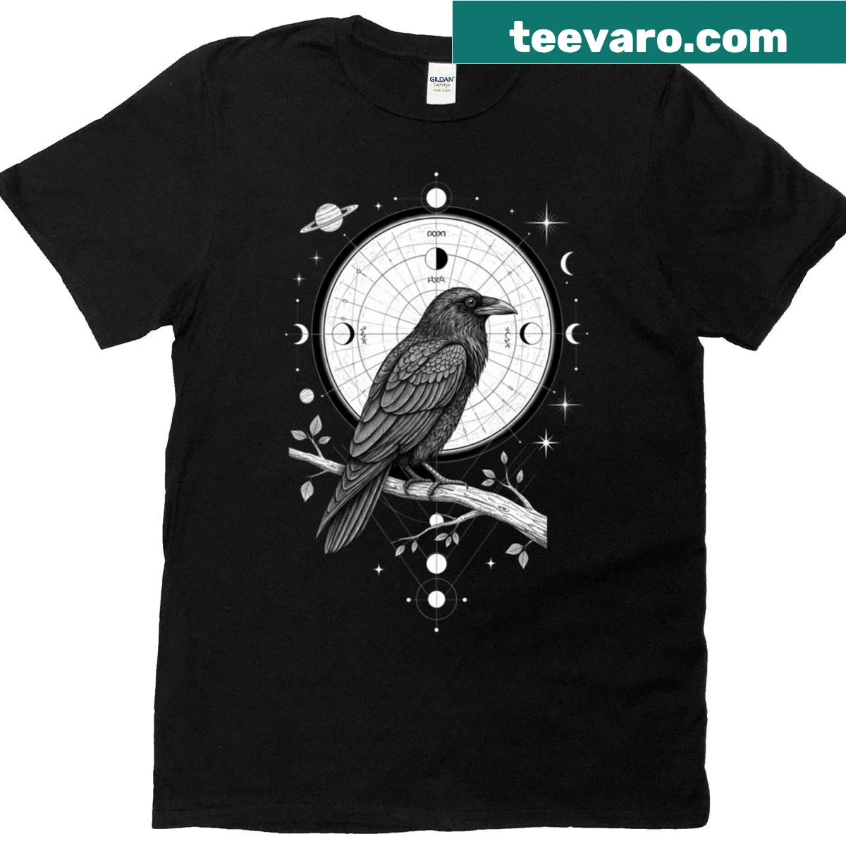 T-shirt featuring a celestial raven with lunar phases and geometric designs — on a men's t-shirt