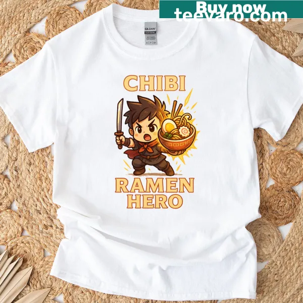 Chibi character enjoying ramen graphic on T-shirt