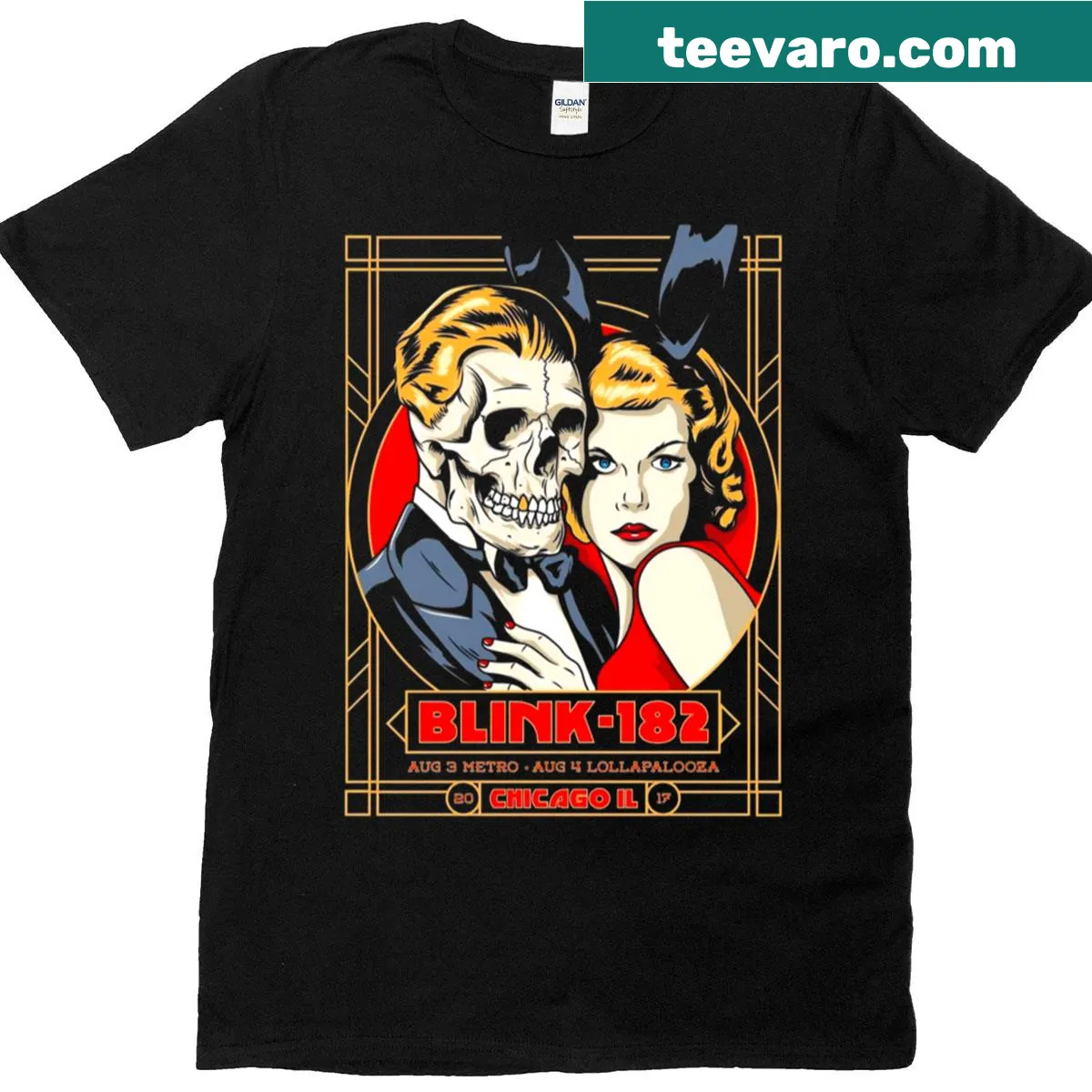 Illustrative T-shirt honoring Blink 182 music band — on a men's t-shirt