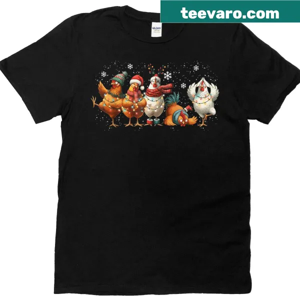 Festive T-shirt featuring a chicken with Christmas lights.