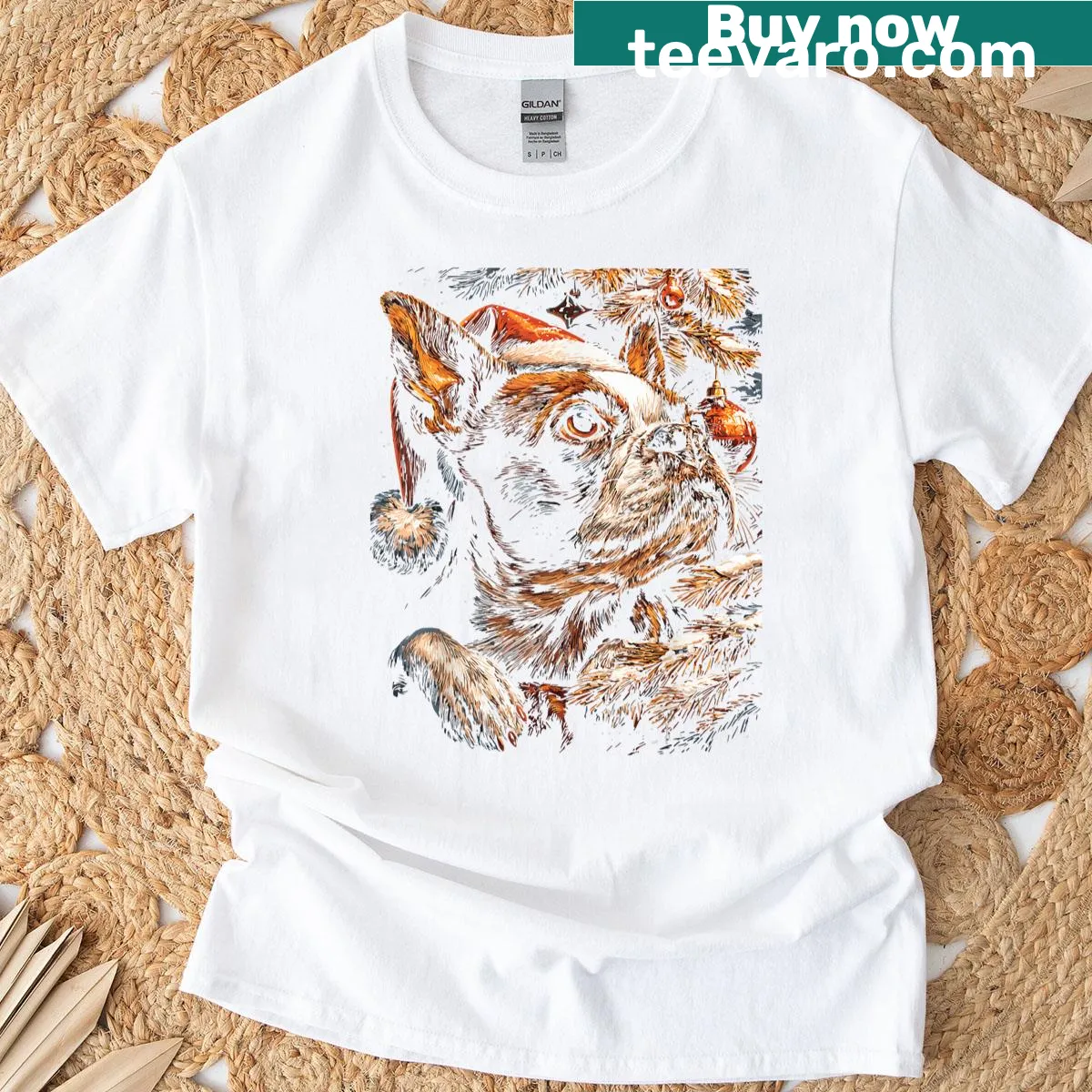 Boston Terrier in Santa hat with snowflakes on Christmas shirt. — on a men's t-shirt