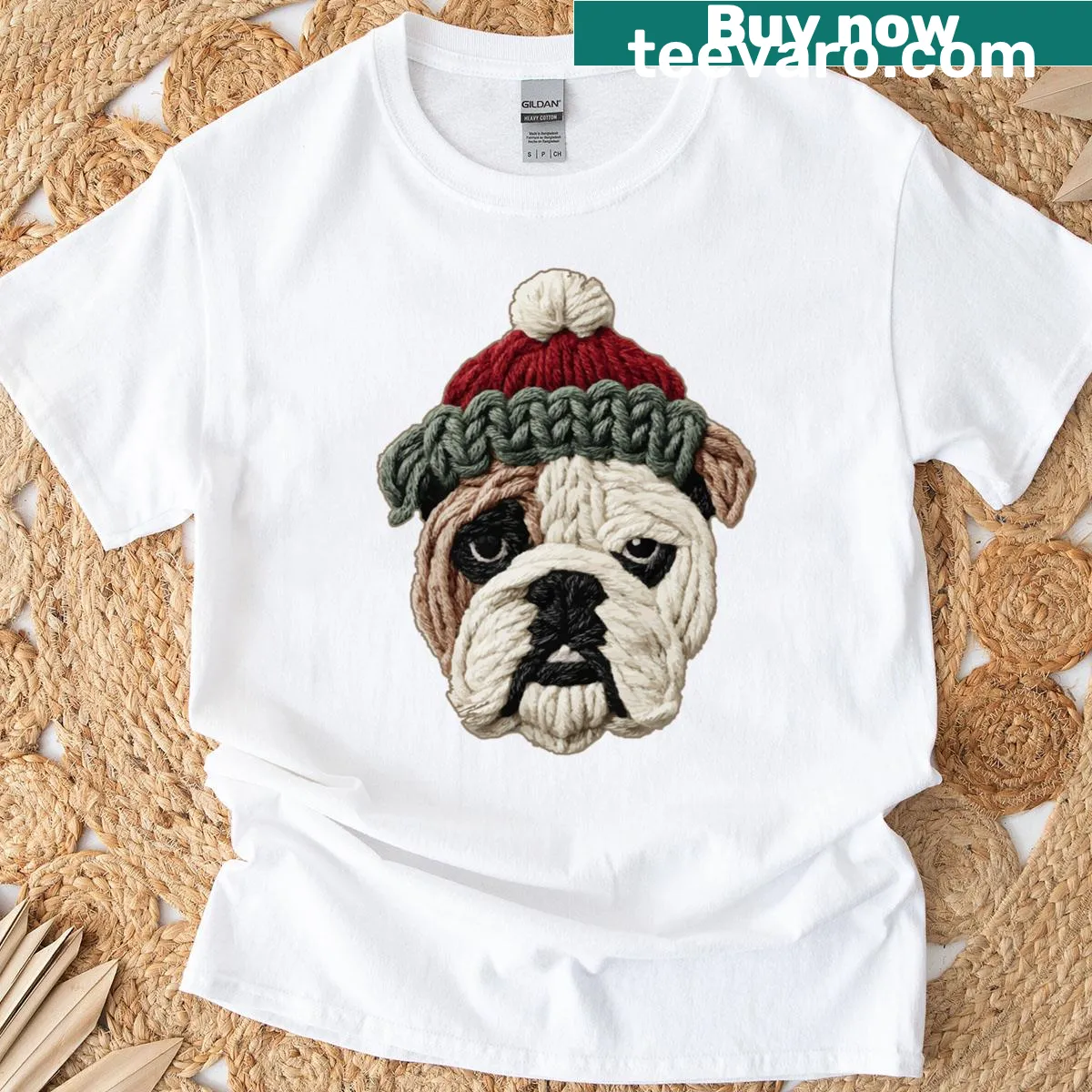 British Bulldog Christmas T-shirt with Santa hat — on a men's t-shirt