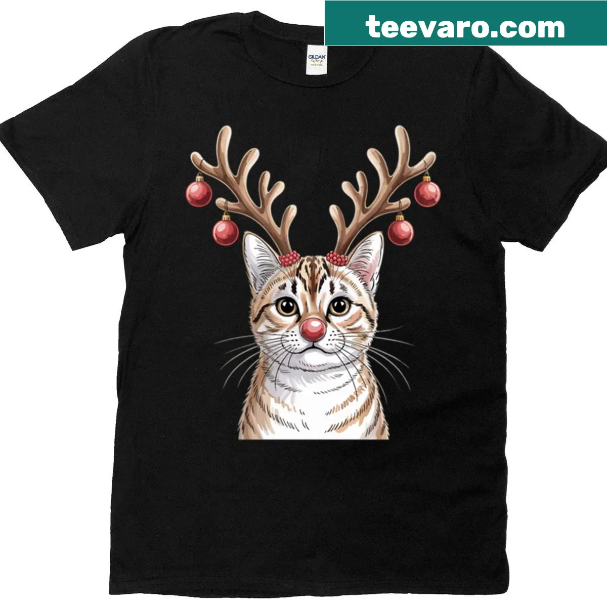 Oversized t-shirt featuring a cat with reindeer antlers — on a men's t-shirt