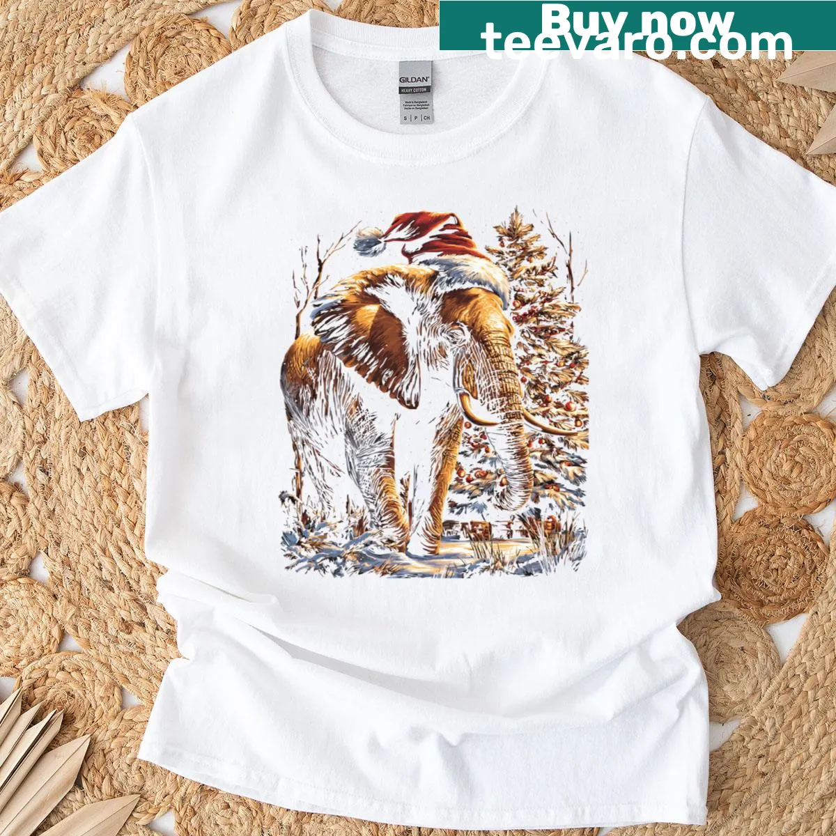 Elephant in a Santa hat with a winter forest background — on a men's t-shirt