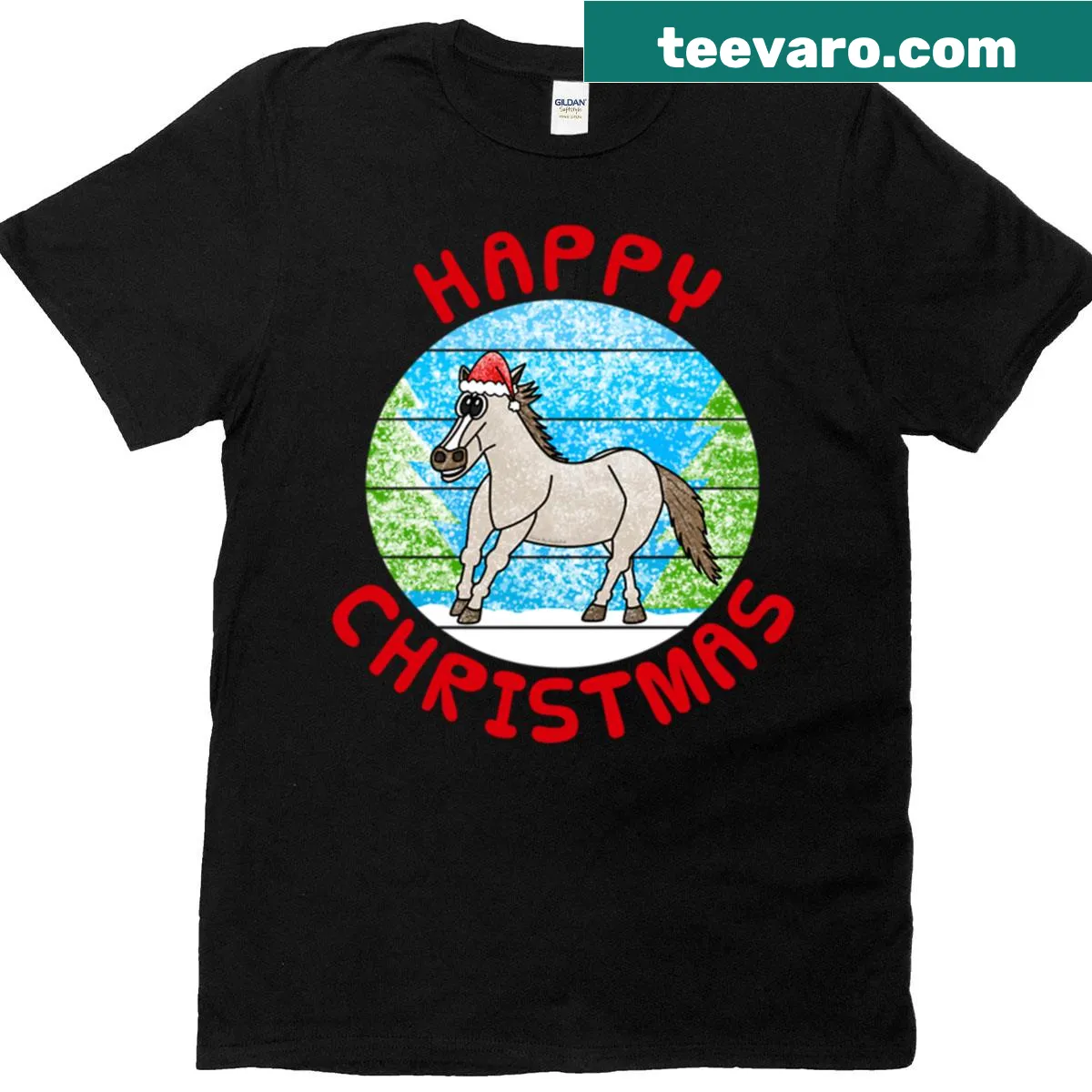 Oversized Christmas T-shirt featuring a humorous horse rider design — on a men's t-shirt