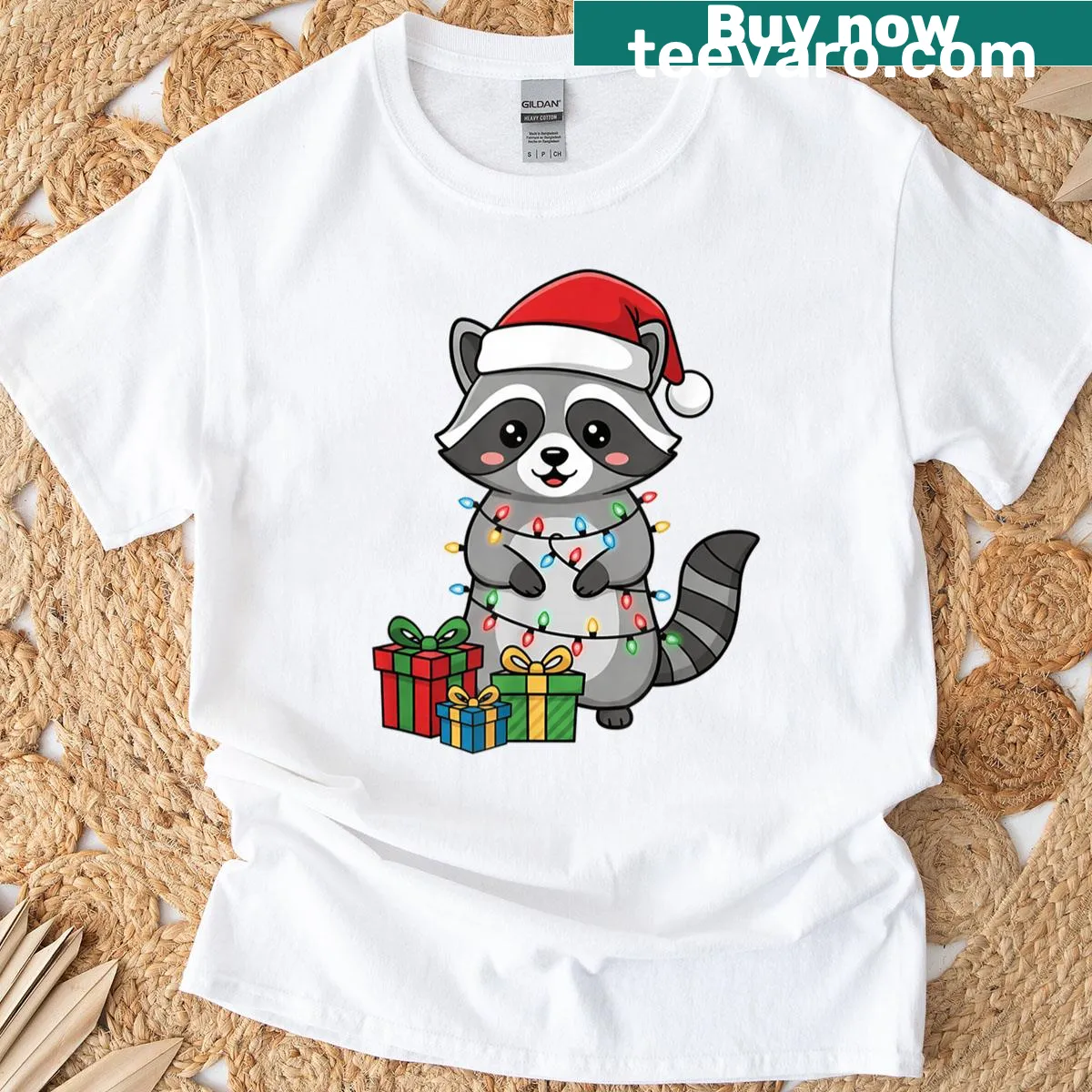 Cute chibi raccoon in Santa hat and lights on Christmas shirt. — on a men's t-shirt