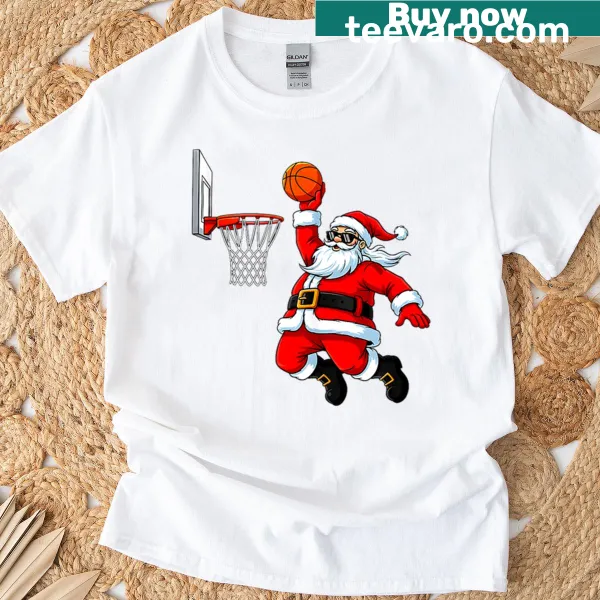 Santa dunking a basketball T-shirt for Christmas festivities.