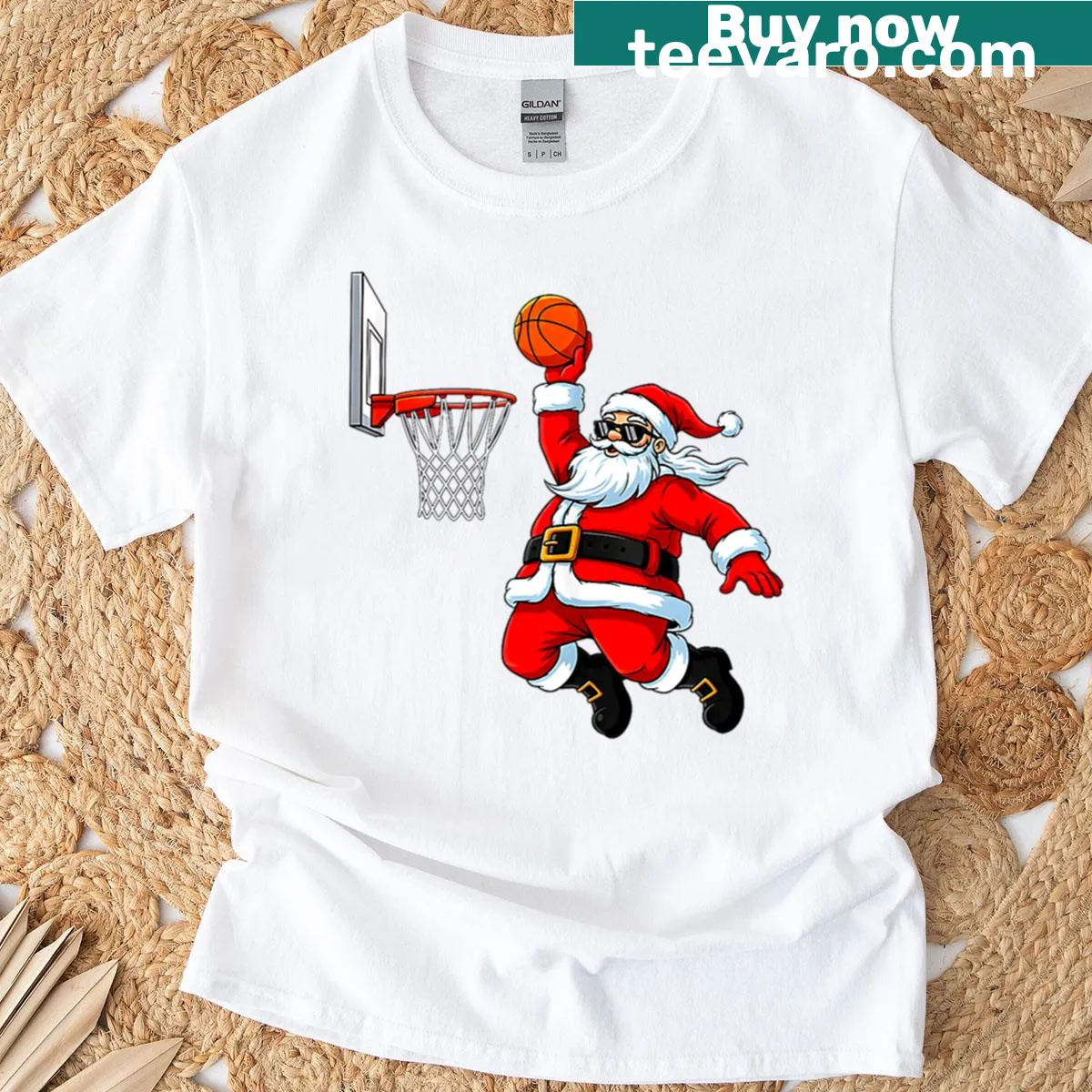 Santa dunking a basketball T-shirt for Christmas festivities. — on a men's t-shirt