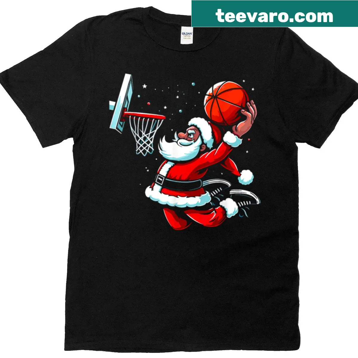 Santa Claus dunking a basketball in a festive illustration — on a men's t-shirt