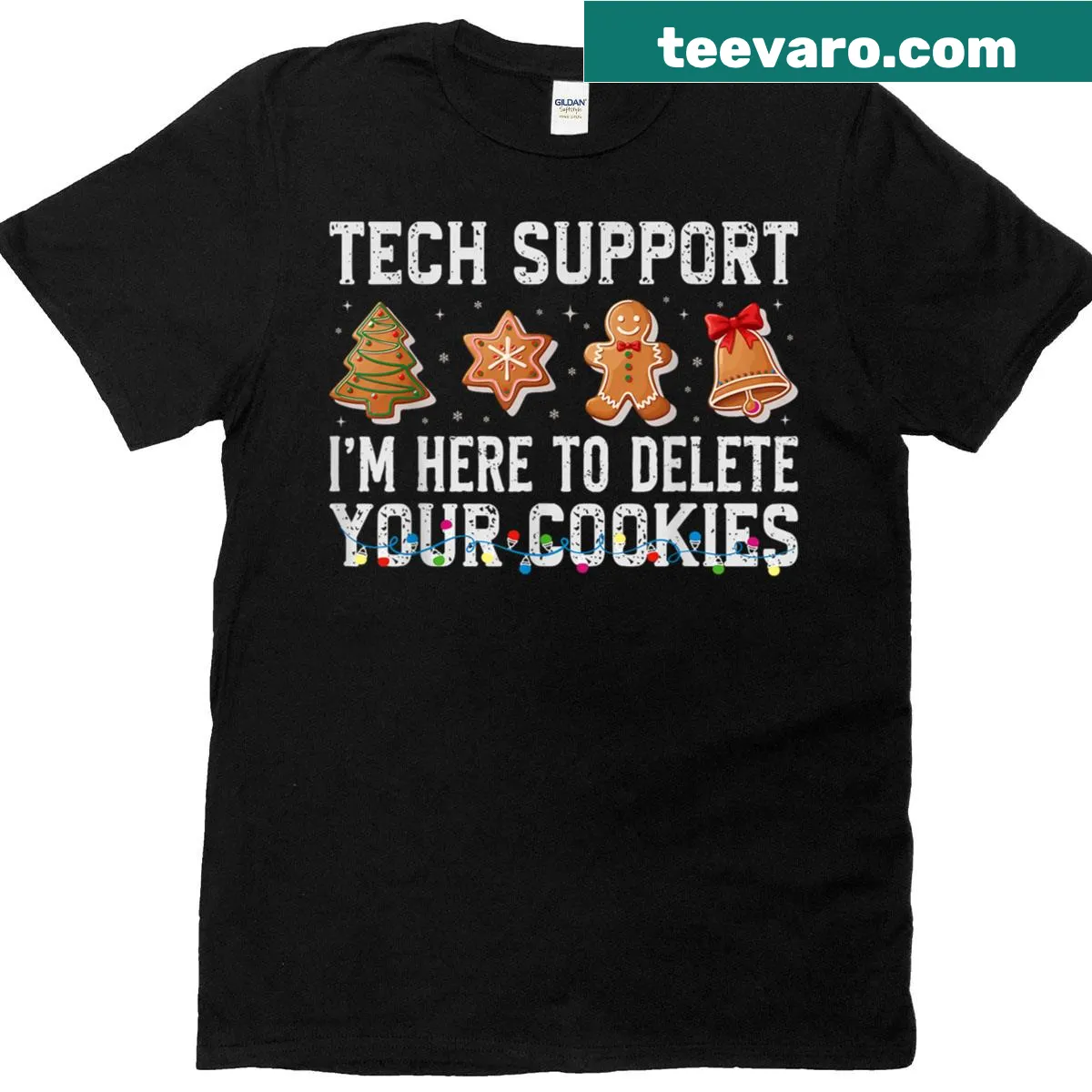 Funny Christmas tech support shirt with cookie deletion phrase — on a men's t-shirt