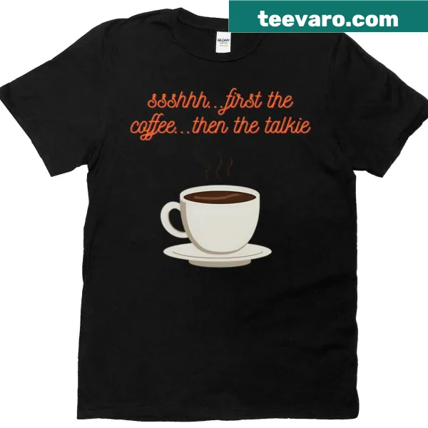 Hand-lettered design proclaiming 'Coffee First' on an oversized t-shirt