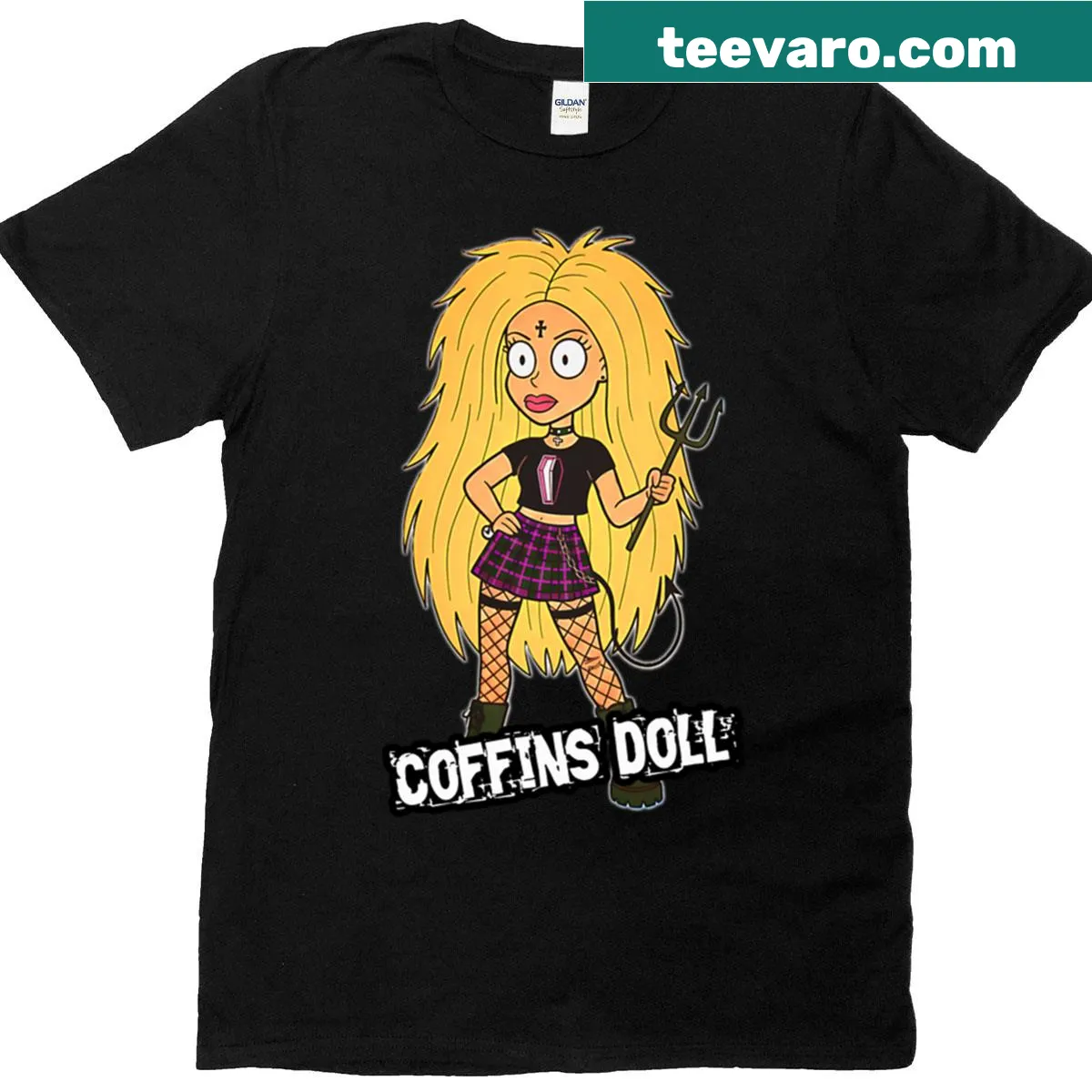 Goth chick cartoon with coffin design T-shirt — on a men's t-shirt