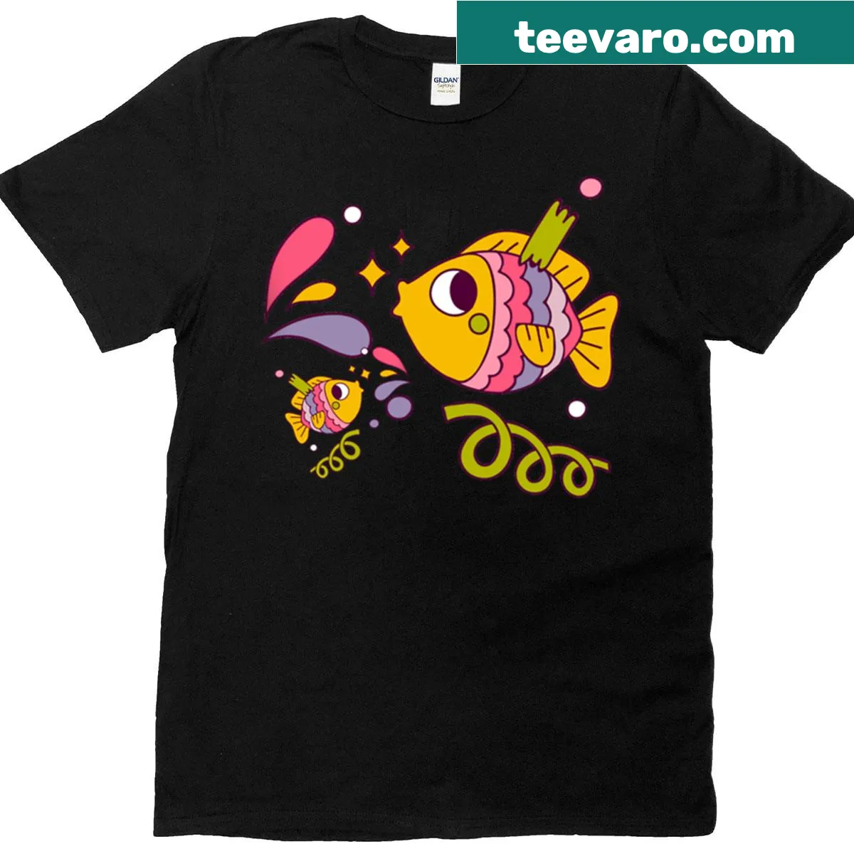 T-shirt featuring a playful cartoon fish illustration — on a men's t-shirt