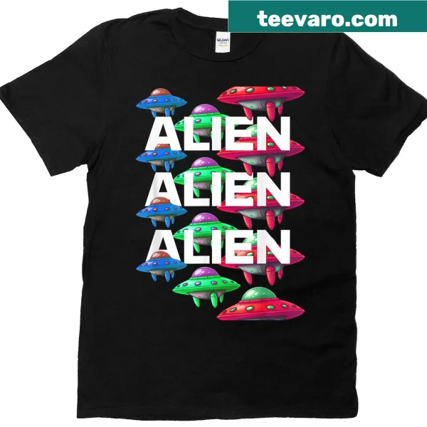 UFO pattern with playful aliens on a T-shirt