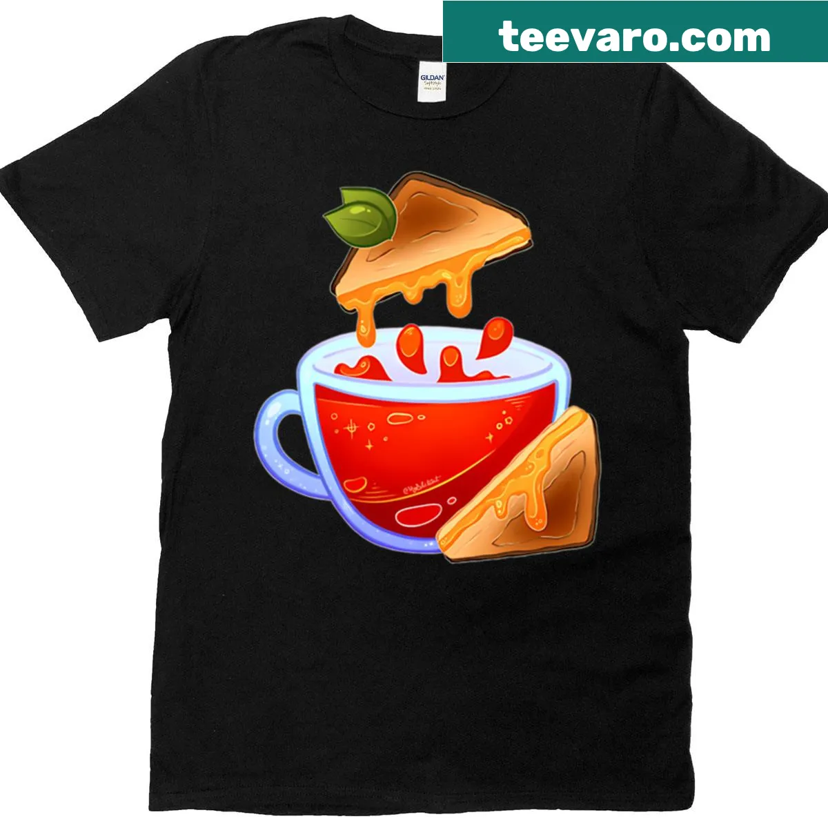 Illustration of a teacup filled with grilled cheese and tomato soup — on a men's t-shirt