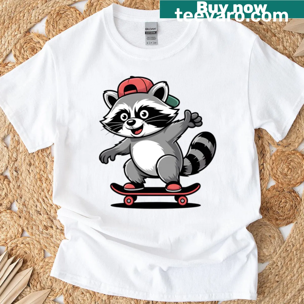Illustration of a cool raccoon riding a skateboard — on a men's t-shirt