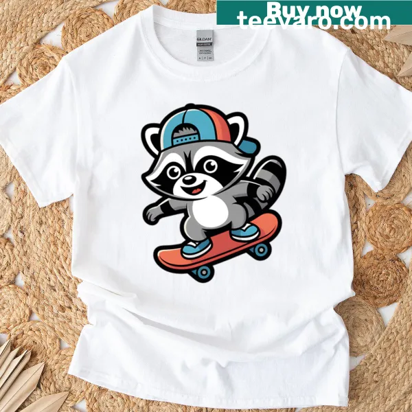 Raccoon skater T-shirt with thumbs up design