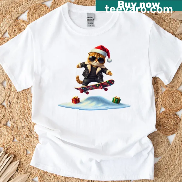 Funny skateboarding Santa cat wearing sunglasses on a t-shirt.