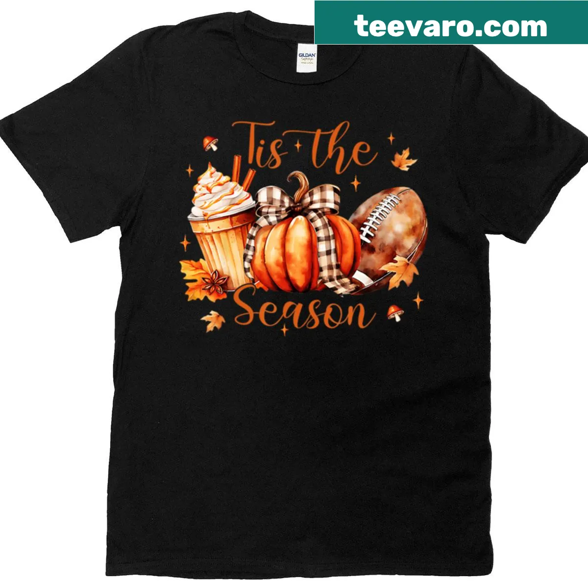 Thanksgiving t-shirt with 'Tis The Season' text and pumpkin graphics. — on a men's t-shirt