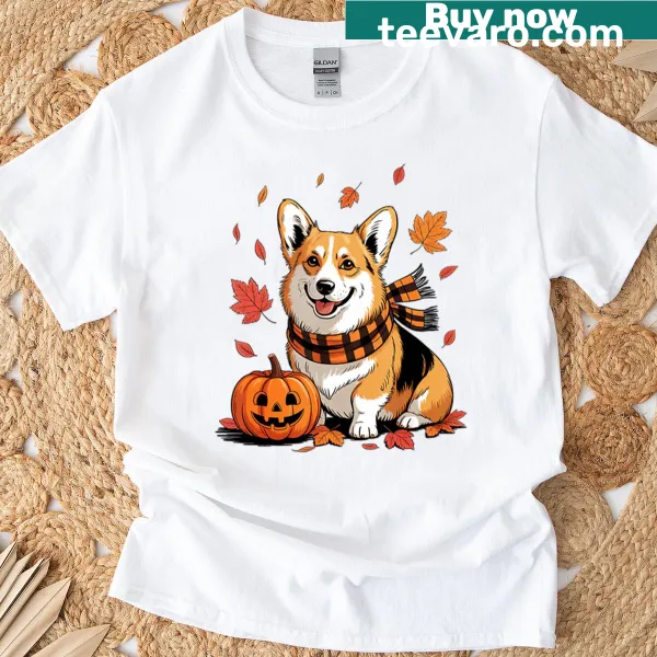Corgi with pumpkins in a fall-themed T-shirt