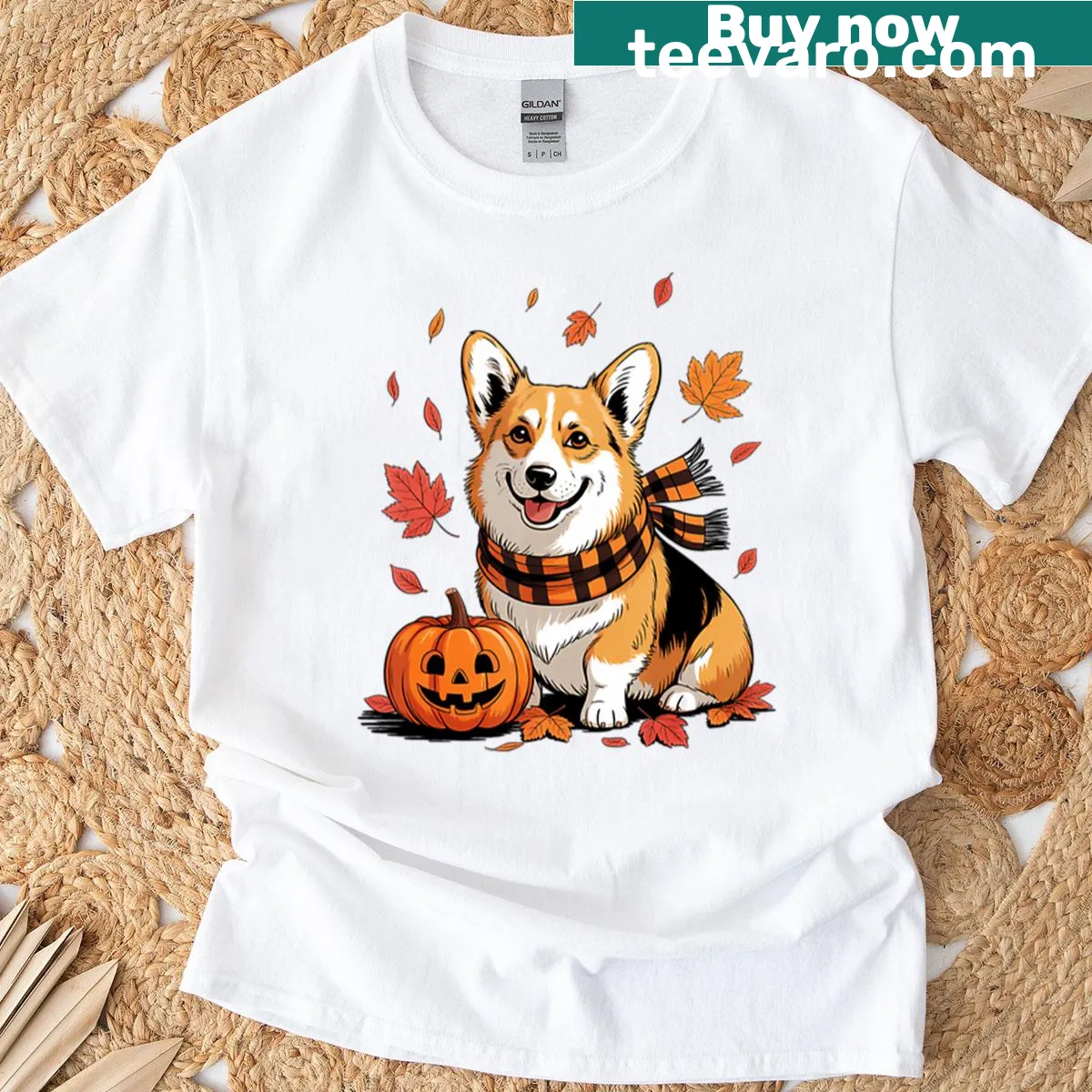 Corgi with pumpkins in a fall-themed T-shirt — on a men's t-shirt