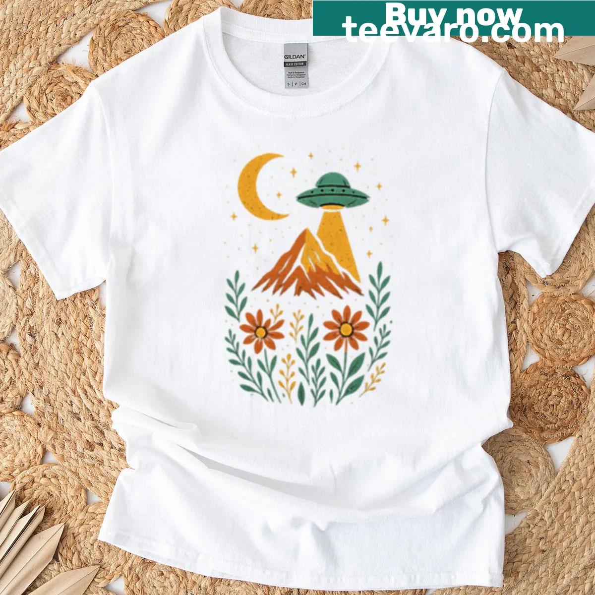 Retro UFO and blooming flower design on T-shirt — on a men's t-shirt