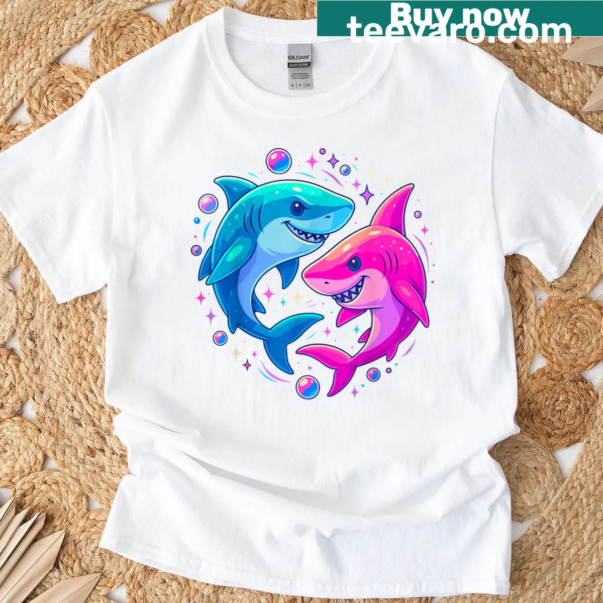 Cosmic shark design on playful T-shirt — on a men's t-shirt