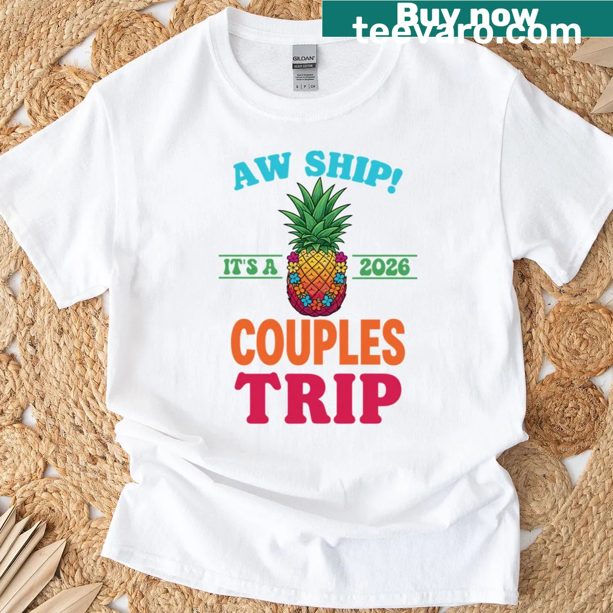 Illustration of matching couple cruise T-shirts for 2026 — on a men's t-shirt