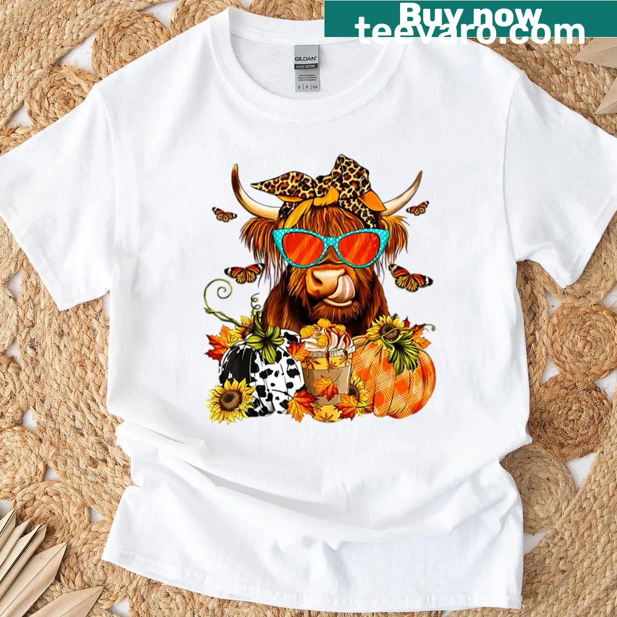 Highland cow with a bow illustration on a Thanksgiving T-shirt — on a men's t-shirt