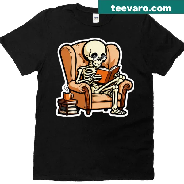 Cute t-shirt with a cozy skeleton reading a book illustration