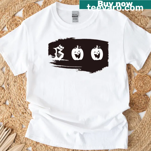 Cute Halloween T-shirt featuring a gothic pumpkin and Boo design.