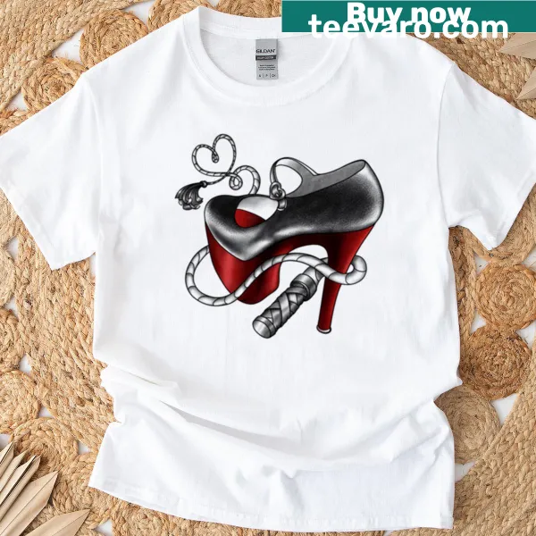Elegant Mistress of Shadows T-shirt with crimson heel and dark illustration