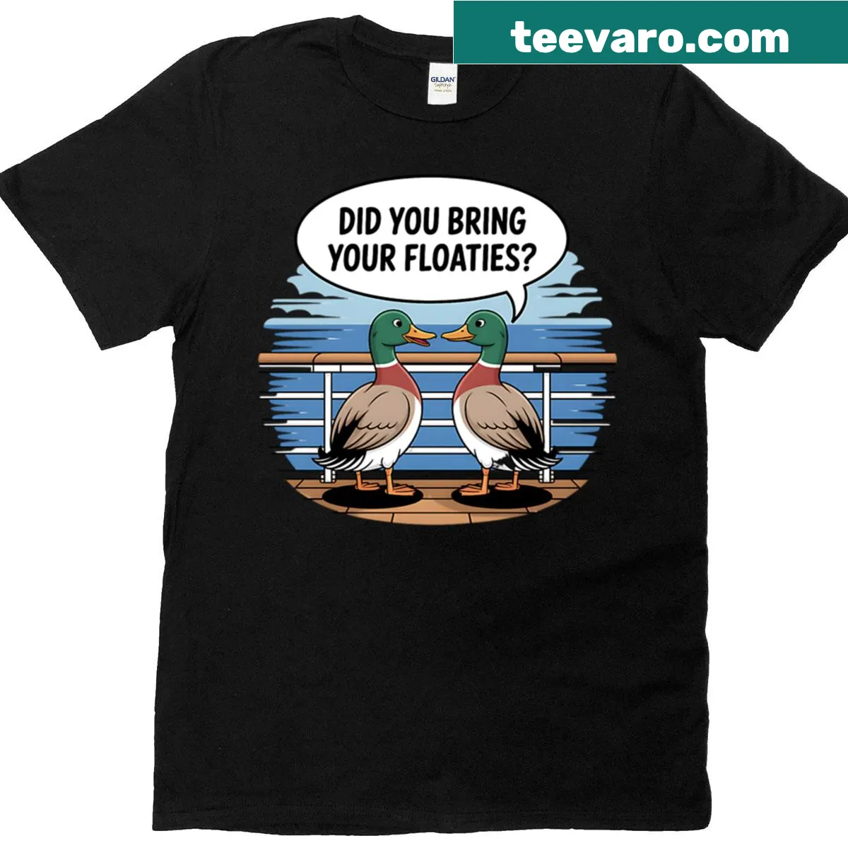 Boxy t-shirt with playful cruise vacation floaties design — on a men's t-shirt